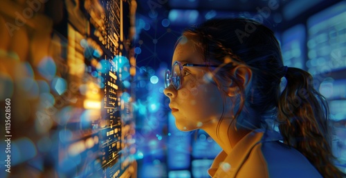 Young Girl Exploring Digital World Futuristic Interface Technology Innovation