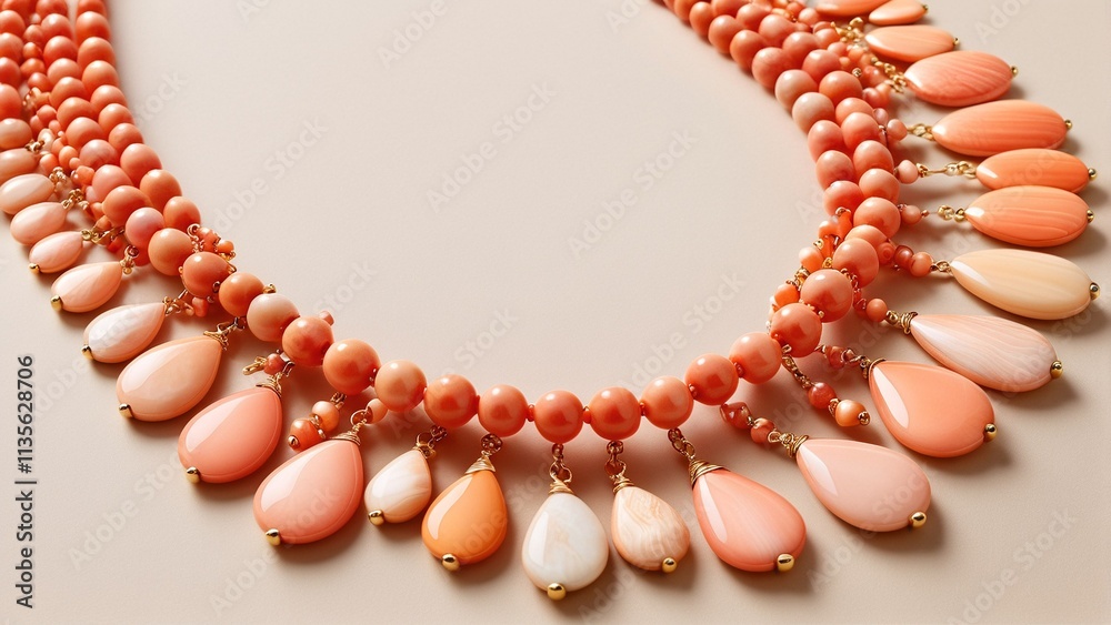 Obraz premium A necklace with a series of beads in shades of orange and coral, featuring dangling charms in various sizes and shapes.