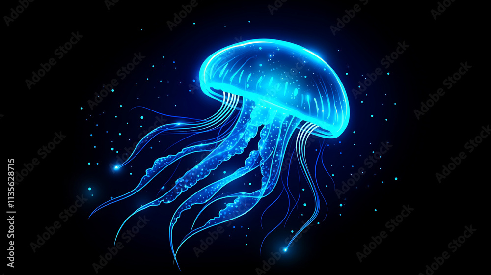 Fototapeta premium Glowing blue jellyfish in dark space. (1)
