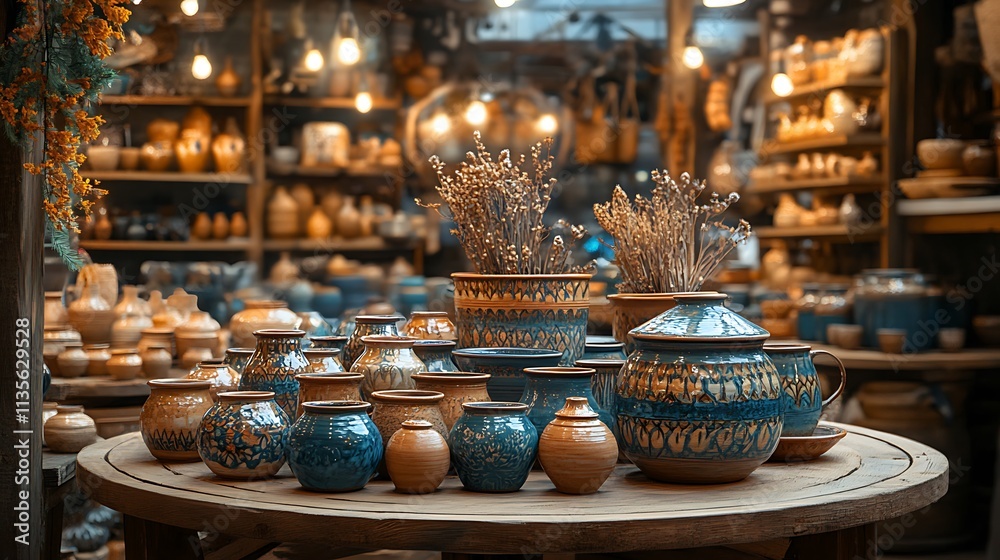 Fototapeta premium A rustic wooden circular carousel display stand with handcrafted details, holding artisanal pottery in a cozy craft market setting with warm lighting and natural decor, charming and inviting.
