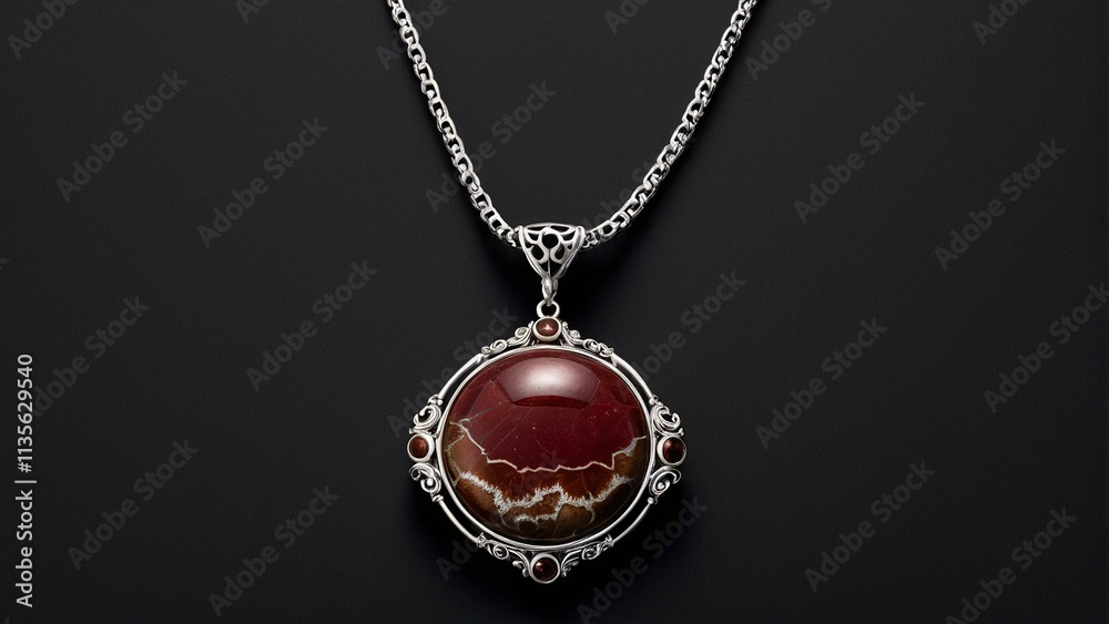 A silver necklace with a round pendant featuring a red and white patterned stone, set against a black background. A silver necklace with a round pendant featuring a red and white patterned stone, set against a black background.