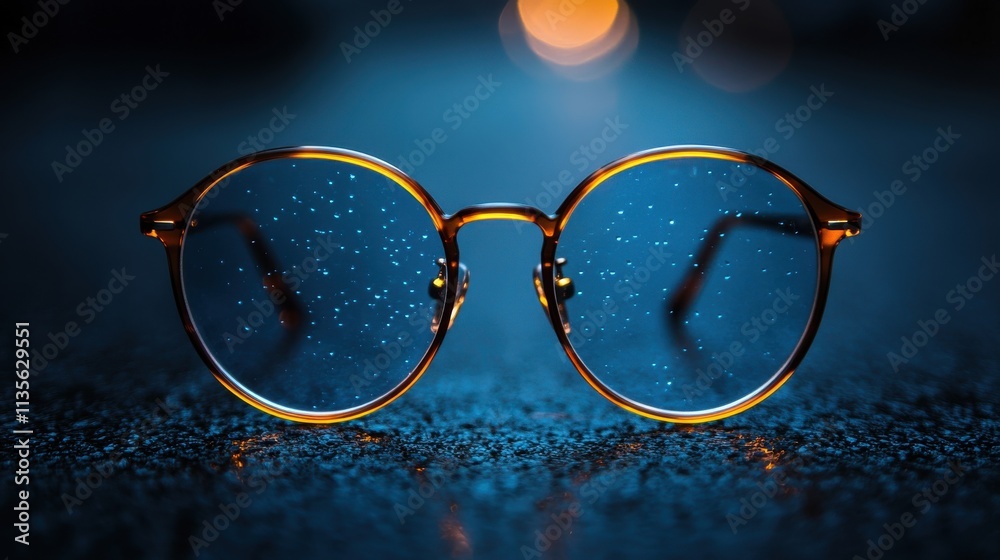 a pair of eyeglasses on a black surface a pair of eyeglasses on a black surface