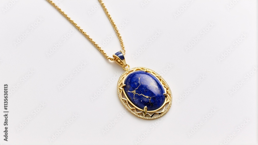 A gold-colored necklace with a pendant featuring a blue oval stone is displayed against a white background. A gold-colored necklace with a pendant featuring a blue oval stone is displayed against a white background.