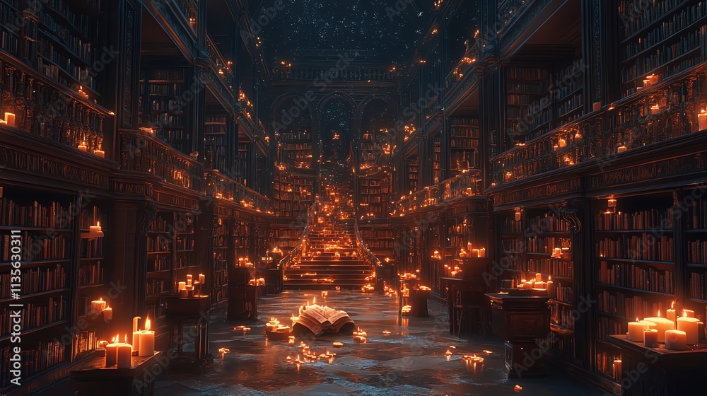 A mystical library filled with floating candles and an open book amidst towering shelves. A mystical library filled with floating candles and an open book amidst towering shelves.