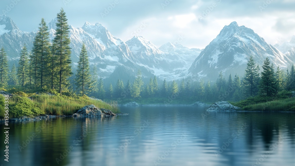 Fototapeta premium Tranquil mountain lake surrounded by lush trees at sunrise