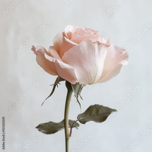 A single pale pink rose in full bloom, with gentle curves and soft lighting, isolated on a white background, emphasizing its beauty