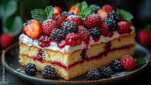 a piece of cake with berries on top