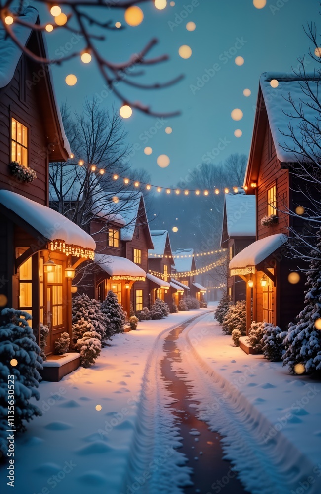 Cozy winter scene. Snowy street with warm lit houses. Festive lights decorate houses. Snowy trees line path. Evening night. Peaceful, tranquil setting. Ideal for holiday cards posters. Cozy Cozy winter scene. Snowy street with warm lit houses. Festive lights decorate houses. Snowy trees line path. Evening night. Peaceful, tranquil setting. Ideal for holiday cards posters. Cozy
