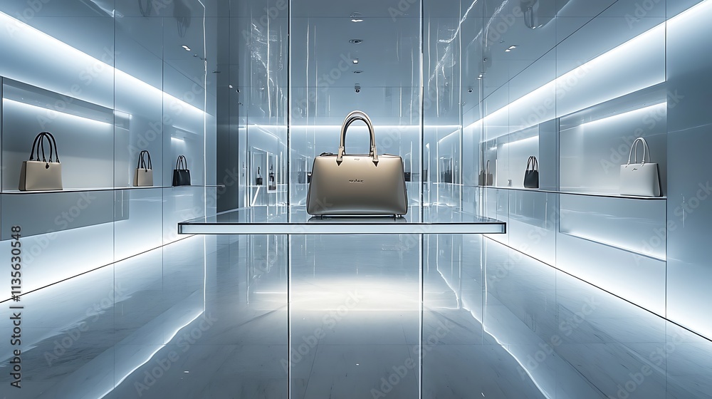 Obraz premium A sleek glass display stand with integrated lighting, holding a designer handbag in a minimalist retail space with bright ambient lighting and clean white walls, stylish and elegant. --ar 16:9