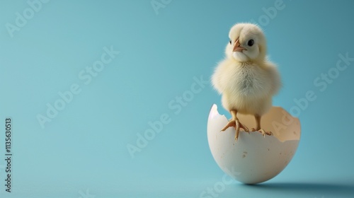 Adorable Baby Chick Standing on Eggshell Against a Pastel Blue Background A Symbol of New Beginnings and Fresh Life