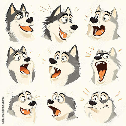 Playful Husky Faces in Cartoon Style Design