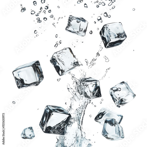 Refreshing ice cubes splashing in a glass of cold water with clear drops and bubbles