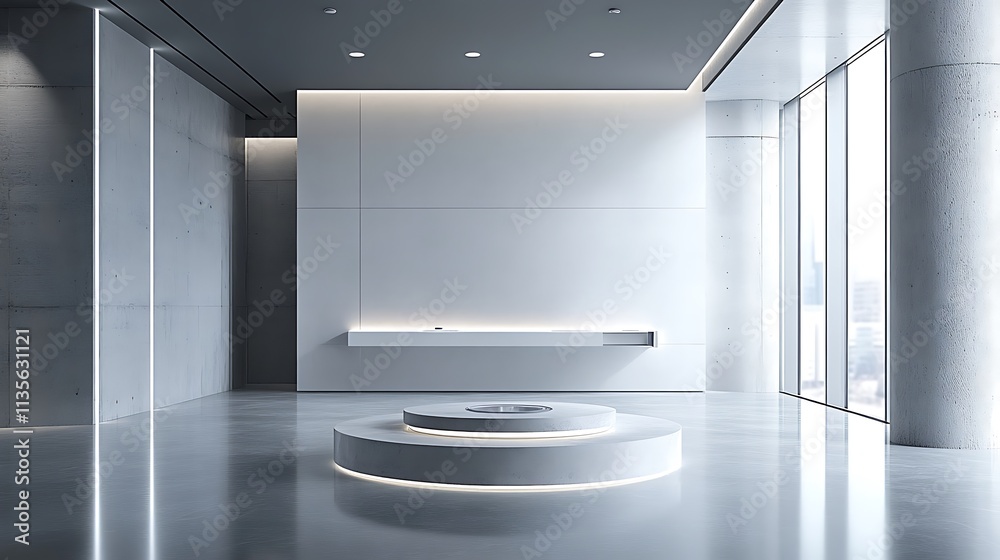 A smart display stand levitating a product using magnetic suspension, equipped with motion-triggered LED lights, surrounded by a minimalist showroom with a futuristic white and silver palette, A smart display stand levitating a product using magnetic suspension, equipped with motion-triggered LED lights, surrounded by a minimalist showroom with a futuristic white and silver palette,