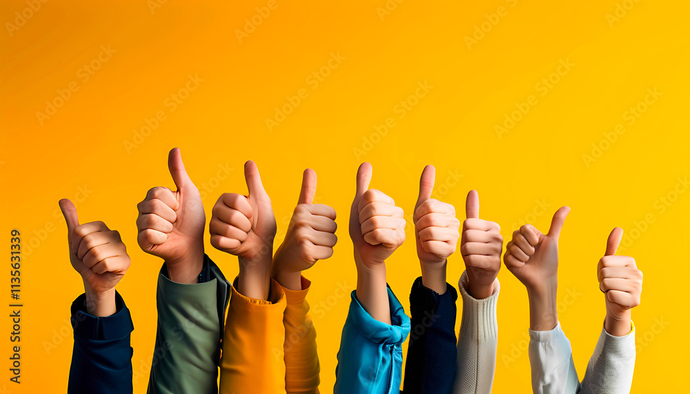 Hands thumbs up, group gesture, positive teamwork, yellow background, success concept Hands thumbs up, group gesture, positive teamwork, yellow background, success concept