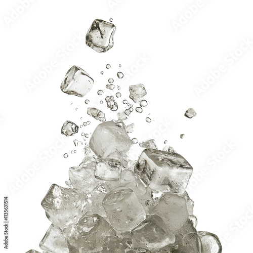 Refreshing ice cubes splashing in a glass of cold water with clear drops and bubbles photo