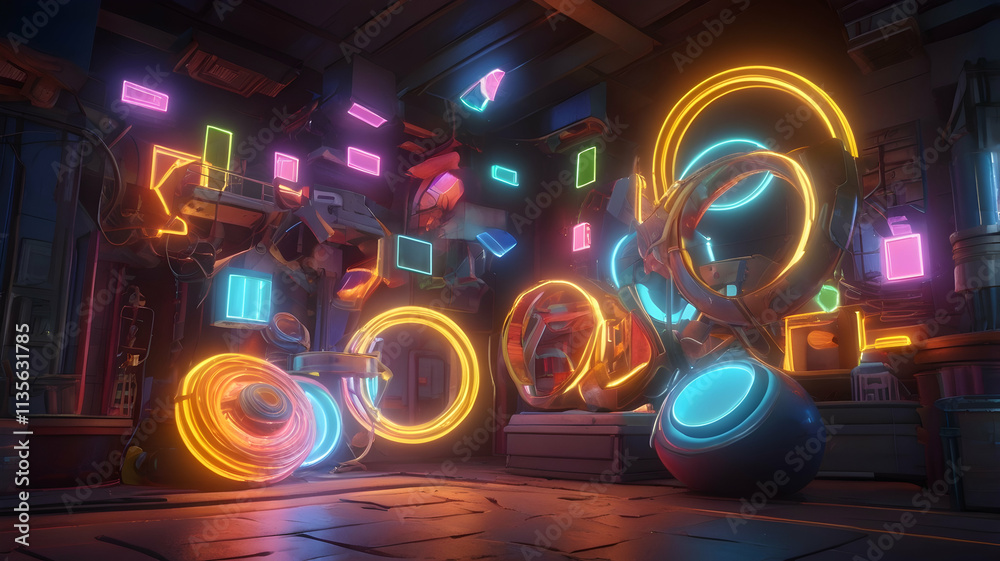 Fototapeta premium Neon Dreamscape: A Futuristic Cyberpunk Room Filled with Vibrant Glowing Lights and Abstract Shapes