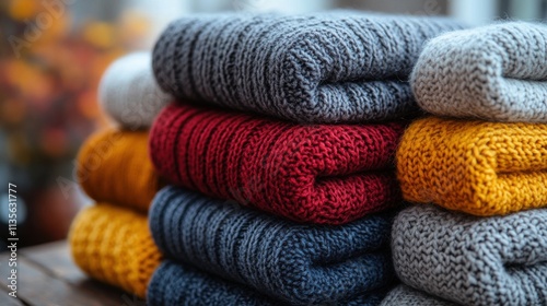 a pile of sweaters on a table