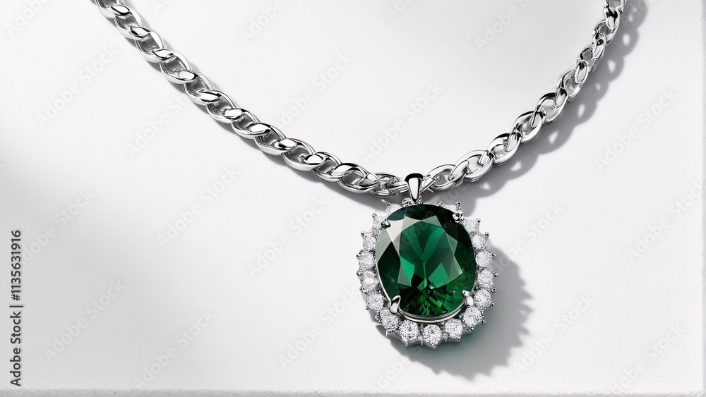 A silver chain necklace with a large oval-shaped green gemstone pendant and smaller diamonds around it. A silver chain necklace with a large oval-shaped green gemstone pendant and smaller diamonds around it.