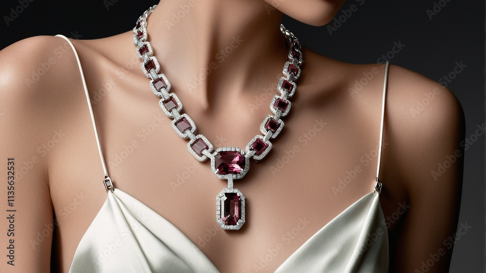 A woman wears a white dress with a silver necklace featuring a large, pink gemstone pendant. A woman wears a white dress with a silver necklace featuring a large, pink gemstone pendant.