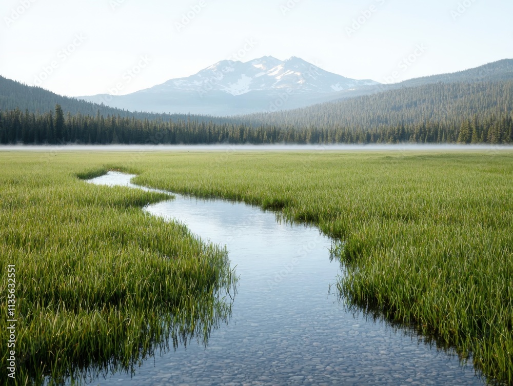 Fototapeta premium Tranquil river flowing through lush green meadow cascade mountains nature landscape serene environment wide-angle view