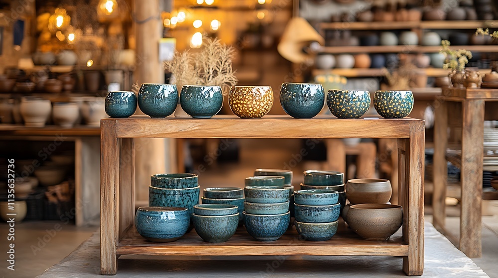 Naklejka premium An adjustable-height display stand made of polished wood, holding artisanal pottery in a rustic craft market with warm natural lighting and earthy tones, charming and adaptable. --ar 16:9