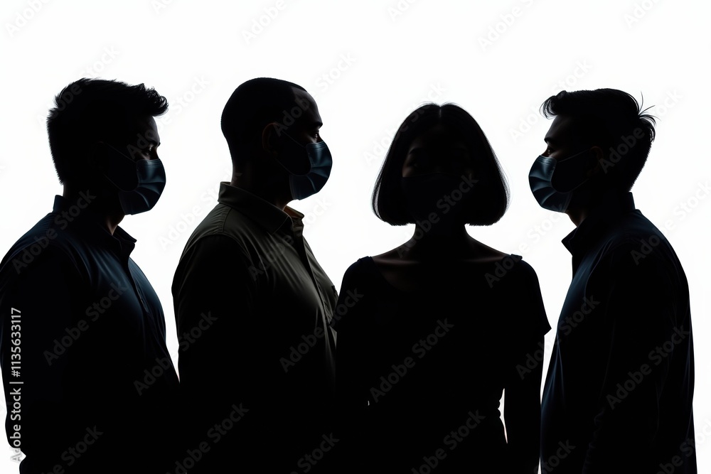 Silhouette of Four People Wearing Masks, Perfect for Social Distancing Awareness and Health Campaigns Silhouette of Four People Wearing Masks, Perfect for Social Distancing Awareness and Health Campaigns