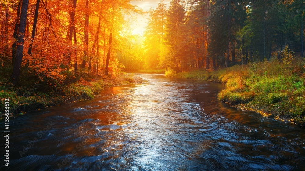 River Flowing Through Autumn Forest River Flowing Through Autumn Forest
