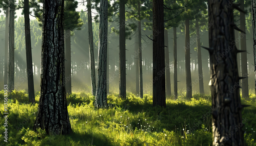 Obraz premium Sunlit Pine Forest with Green Undergrowth