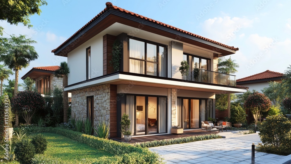 Modern house with garden in bright afternoon light Modern house with garden in bright afternoon light