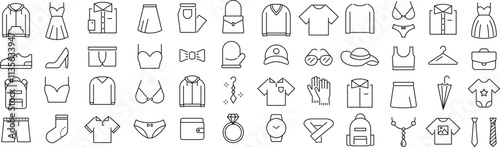 ベクターでモノクロのアパレルに関する線画アイコンセット