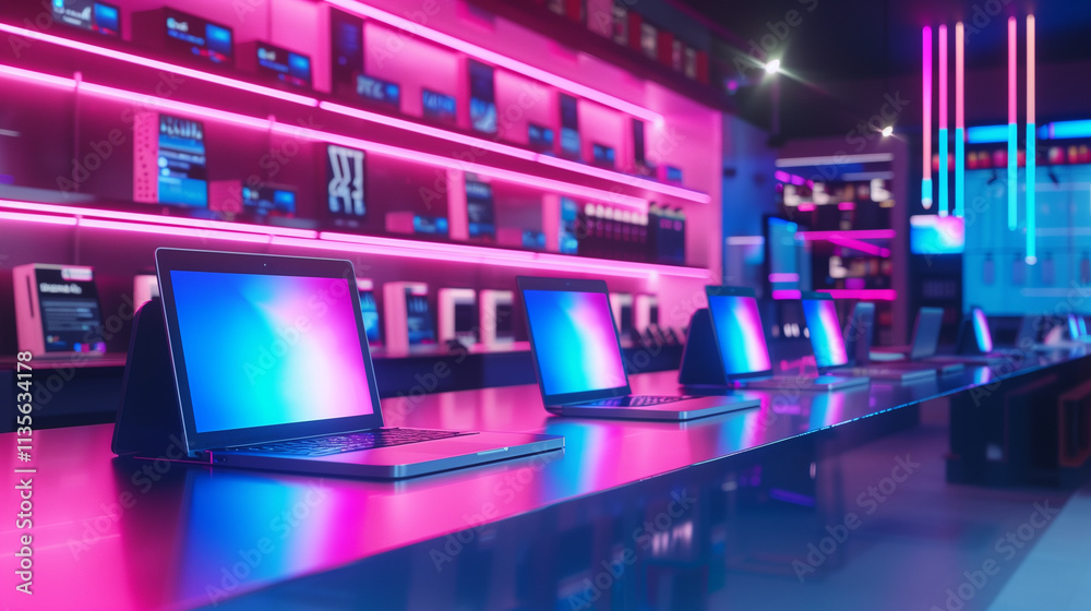 Vibrant Technology Store Display of Laptops with Neon Pink and Blue Lighting Vibrant Technology Store Display of Laptops with Neon Pink and Blue Lighting