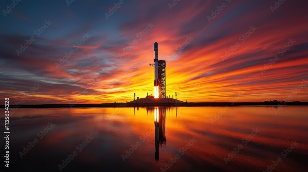Fototapeta premium Illuminated Rocket Ready for Launch in Vibrant Dusk Sky with Reflecting Silhouette