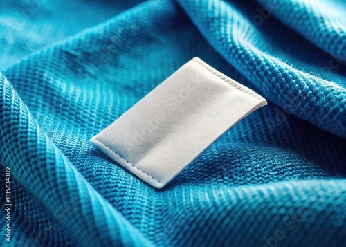 Tilt-Shift Laundry Label, Blue Fabric Texture, White Tag, Clothing Care Instructions, Miniature Photography, Apparel Detail photo