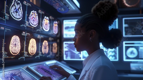 Focused Neuroscientist Analyzing Brain Scans on Advanced Medical Technology Displays
