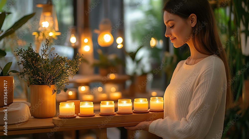 A compact bamboo display stand with modular design, holding luxury candles in a cozy boutique with soft warm lighting and a soothing ambiance, eco-conscious and elegant. --ar 16:9 A compact bamboo display stand with modular design, holding luxury candles in a cozy boutique with soft warm lighting and a soothing ambiance, eco-conscious and elegant. --ar 16:9