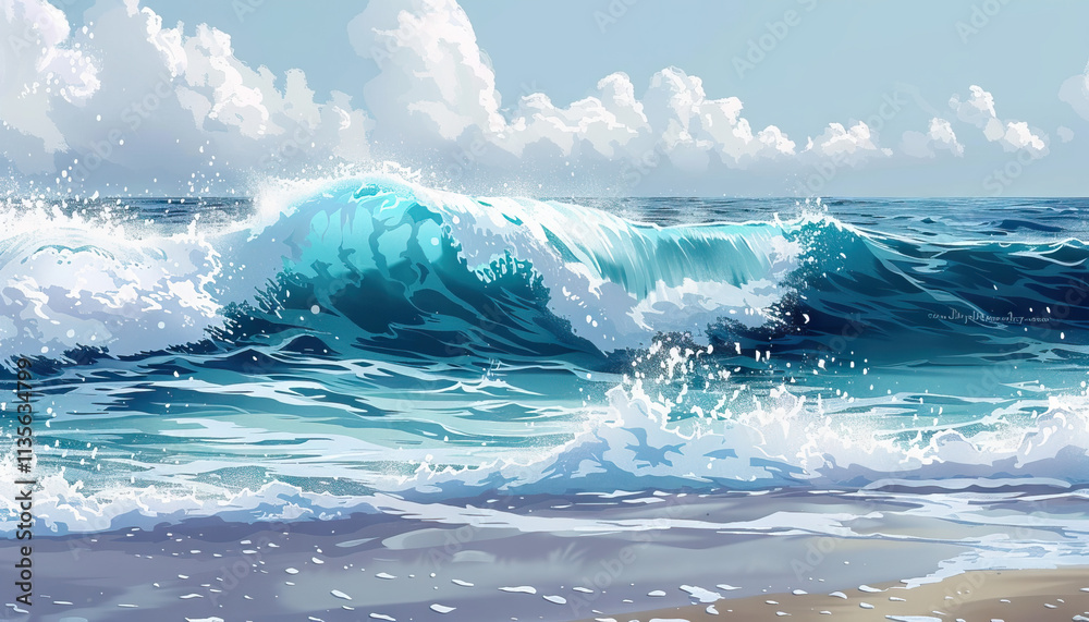 Obraz premium Ocean Wave Breaking on Sandy Beach under Partly Cloudy Sky