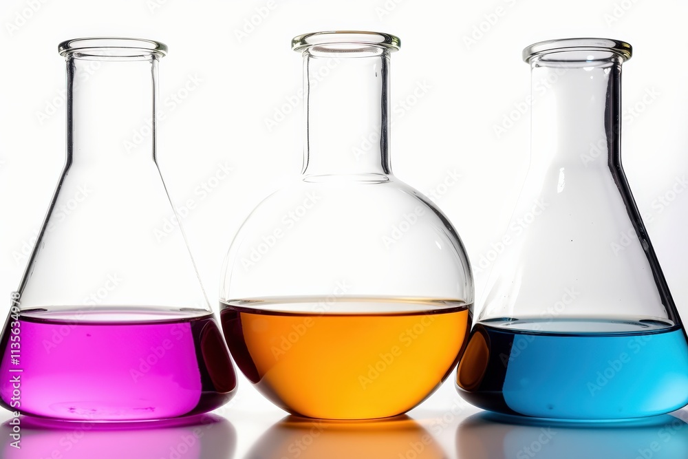 Vibrant Chemical Flask Set Displaying Magenta, Amber, and Blue Liquids, Perfect for Science Education and Laboratory Decor Vibrant Chemical Flask Set Displaying Magenta, Amber, and Blue Liquids, Perfect for Science Education and Laboratory Decor