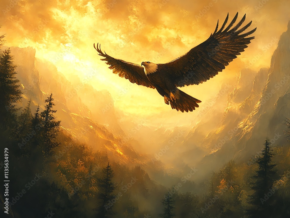 A majestic eagle soars over a golden-hued mountainous landscape at sunset. A majestic eagle soars over a golden-hued mountainous landscape at sunset.