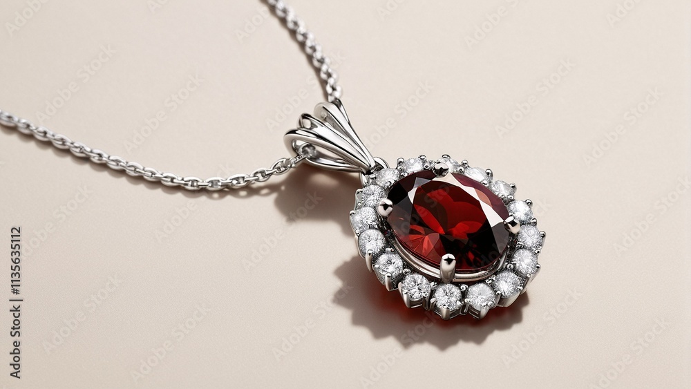 A silver necklace with a red gemstone pendant and a halo of smaller diamonds. A silver necklace with a red gemstone pendant and a halo of smaller diamonds.