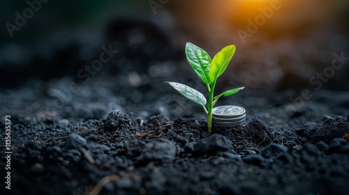 Sapling Emerging from Dark Soil Beside Stacked Coins: A Symbol of Growth and Investment