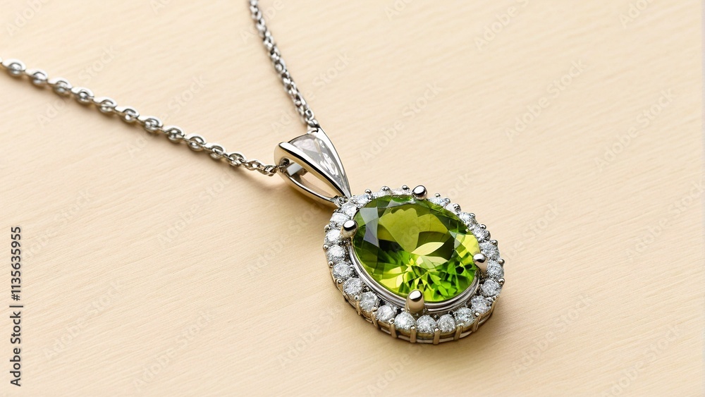 A silver necklace with a pendant featuring a large oval-shaped green gemstone surrounded by smaller diamonds. A silver necklace with a pendant featuring a large oval-shaped green gemstone surrounded by smaller diamonds.