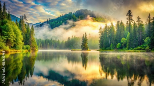 Vintage Style Photography of South Skookum Lake in the Mist - Serene Nature, Foggy Reflections, Tranquil Landscape, Scenic Wilderness, Peaceful Water, Rustic Charm, Natural Beauty photo