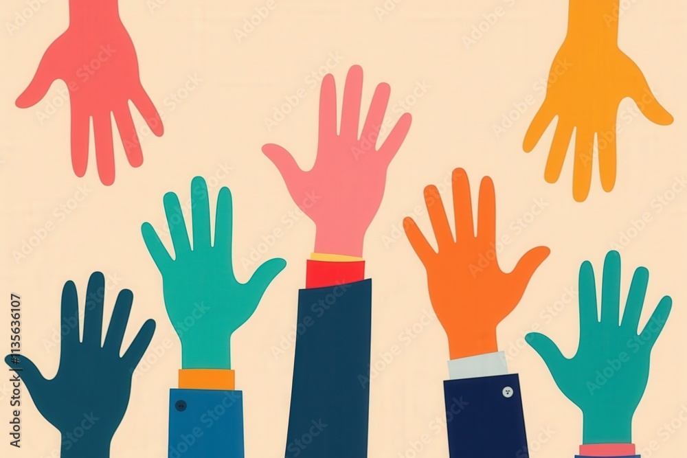 Vibrant Hands Raised Together: Perfect for Teamwork, Diversity, and Unity Illustrations Vibrant Hands Raised Together: Perfect for Teamwork, Diversity, and Unity Illustrations