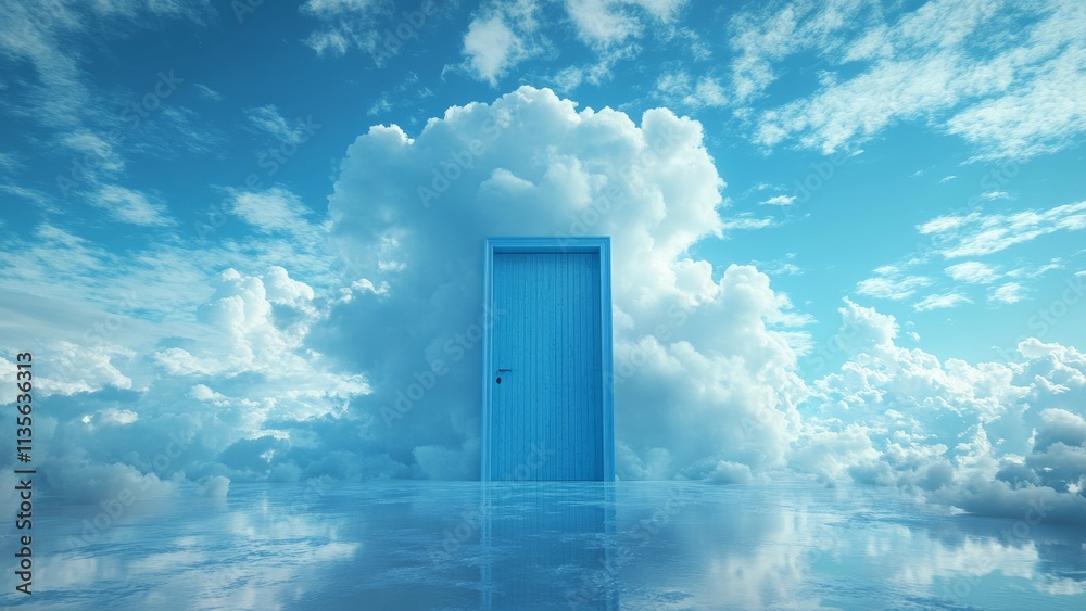 Door standing in the clouds under a bright blue sky Door standing in the clouds under a bright blue sky