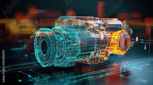 Futuristic Holographic Wireframe of Cummins Diesel Engine with Neon Blue and Green Lighting