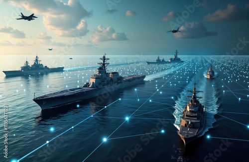 Modern military assets fighter jets naval ships satellites data links. Ocean scene. Ships connected by data network. Aerial view. War tech future. Strategic defense. Global power. Military strength.