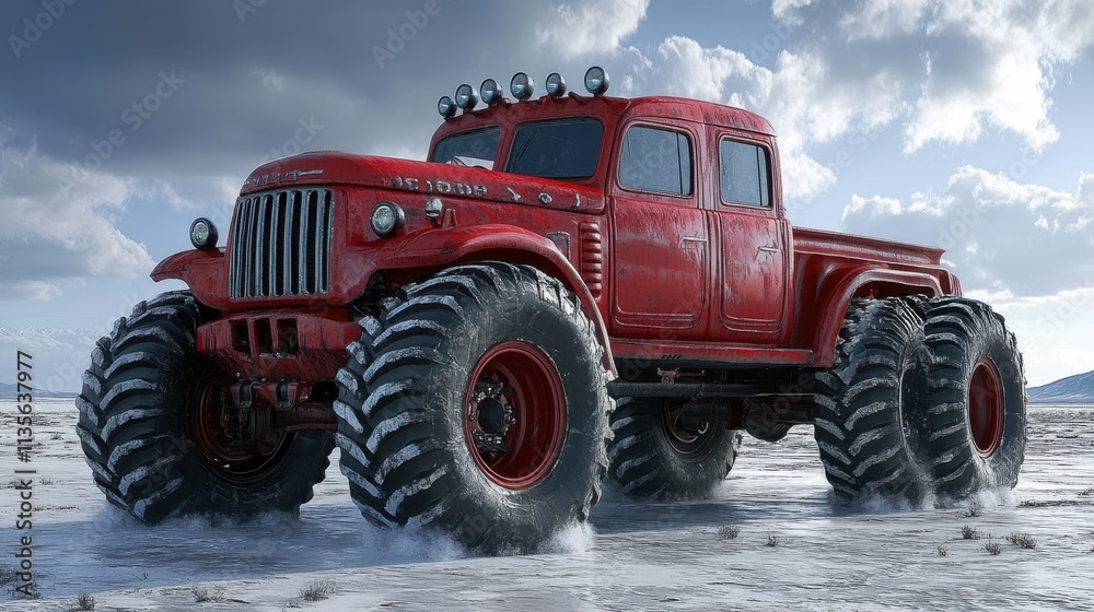 a red truck with large tires a red truck with large tires