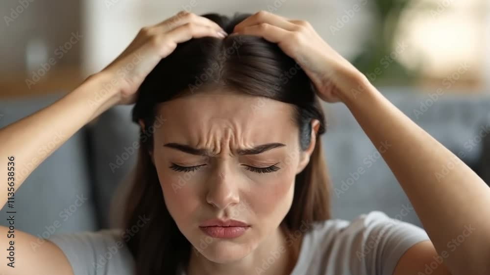 A middle-aged lady with migraines A middle-aged lady who is holding her head and closes her eyes in agony due to a headache A middle-aged lady with migraines A middle-aged lady who is holding her head and closes her eyes in agony due to a headache