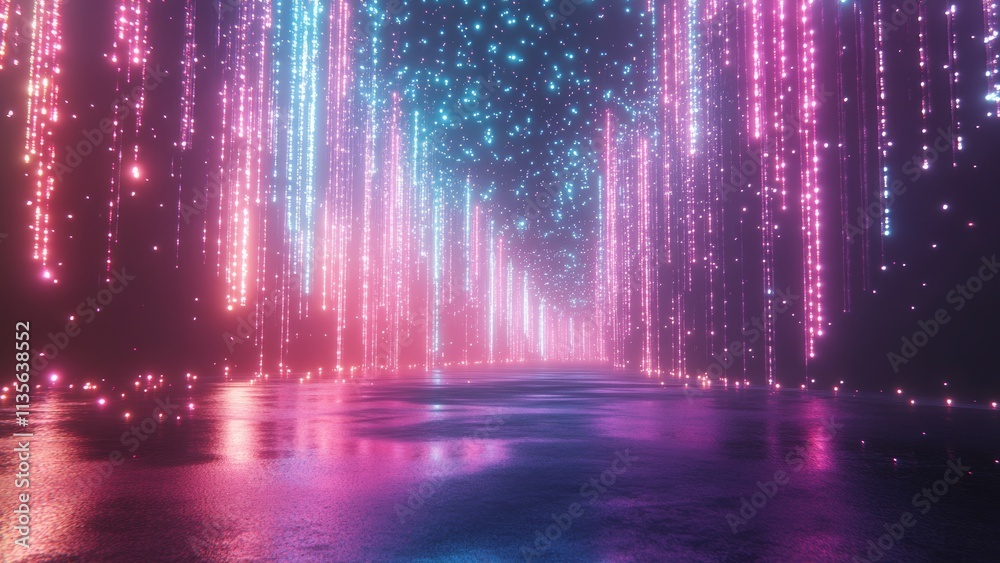 Colorful lights illuminate a tranquil waterway at night Colorful lights illuminate a tranquil waterway at night