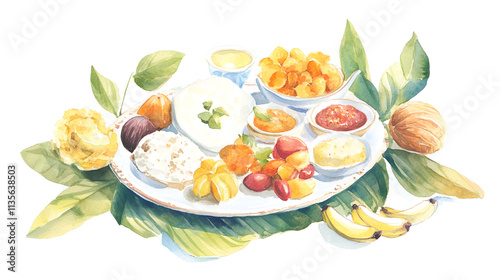 A plate of fasting food with kheer fruits and nuts styled on a banana leaf Paush Putrada Ekadashi festive fasting delicaciescover poster copy space cute soft watercolor painting on white backgorund photo